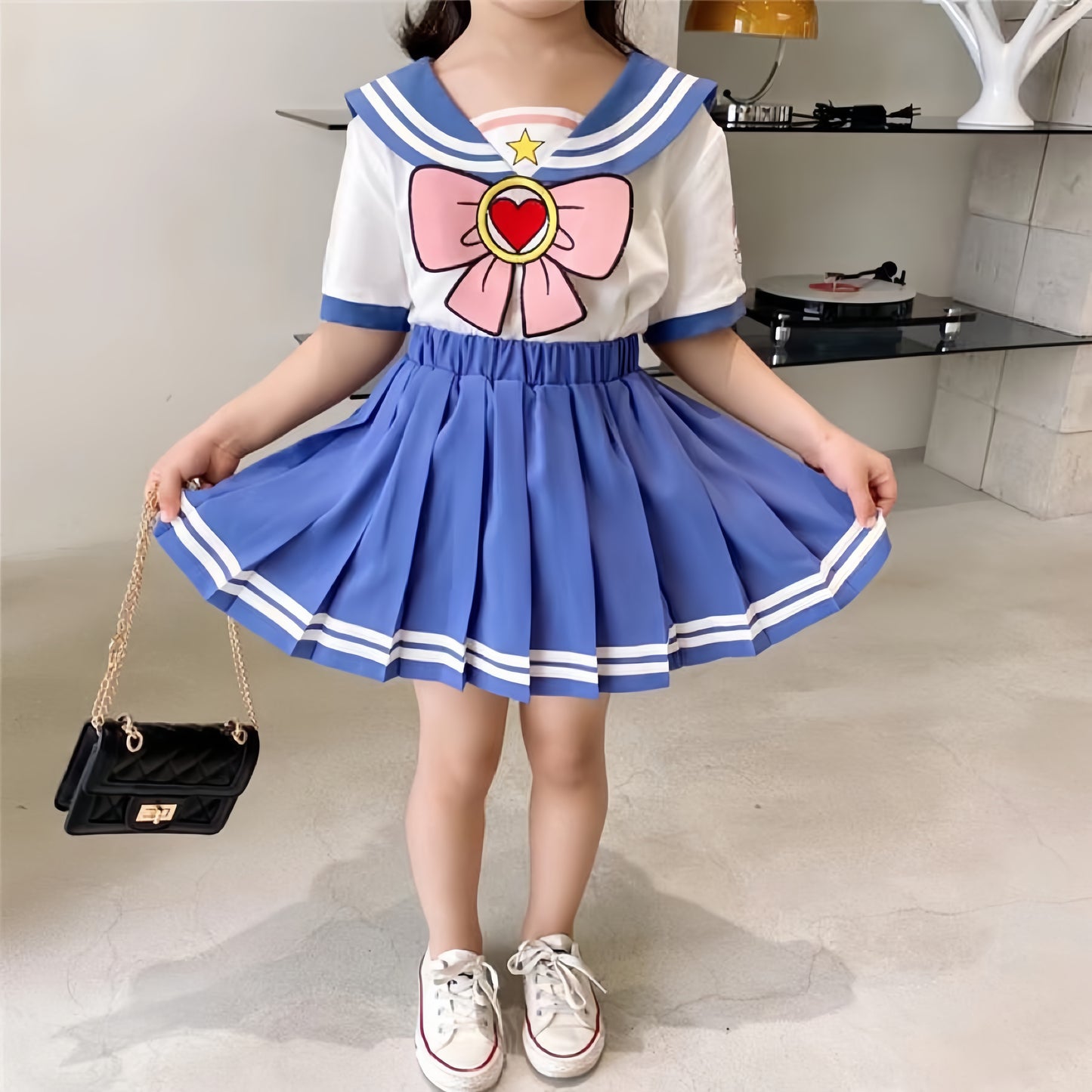 Kids Girl Summer Anime Sailor Moon Suit Pleated Skirt Two-Piece Set