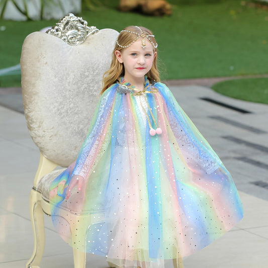 Kids Girls Princess Rainbow Lace Tulle Cape Costume