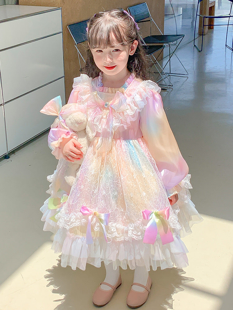 Kids Girls Birthday Party Lolita Princess Rainbow Dress