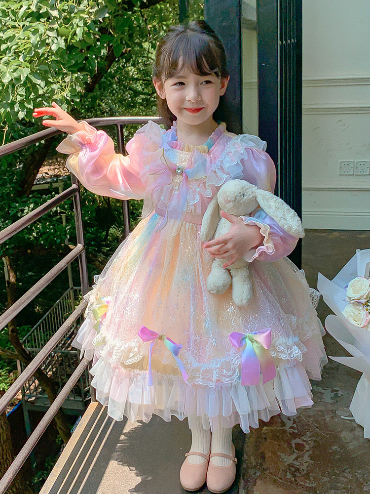 Kids Girls Birthday Party Lolita Princess Rainbow Dress