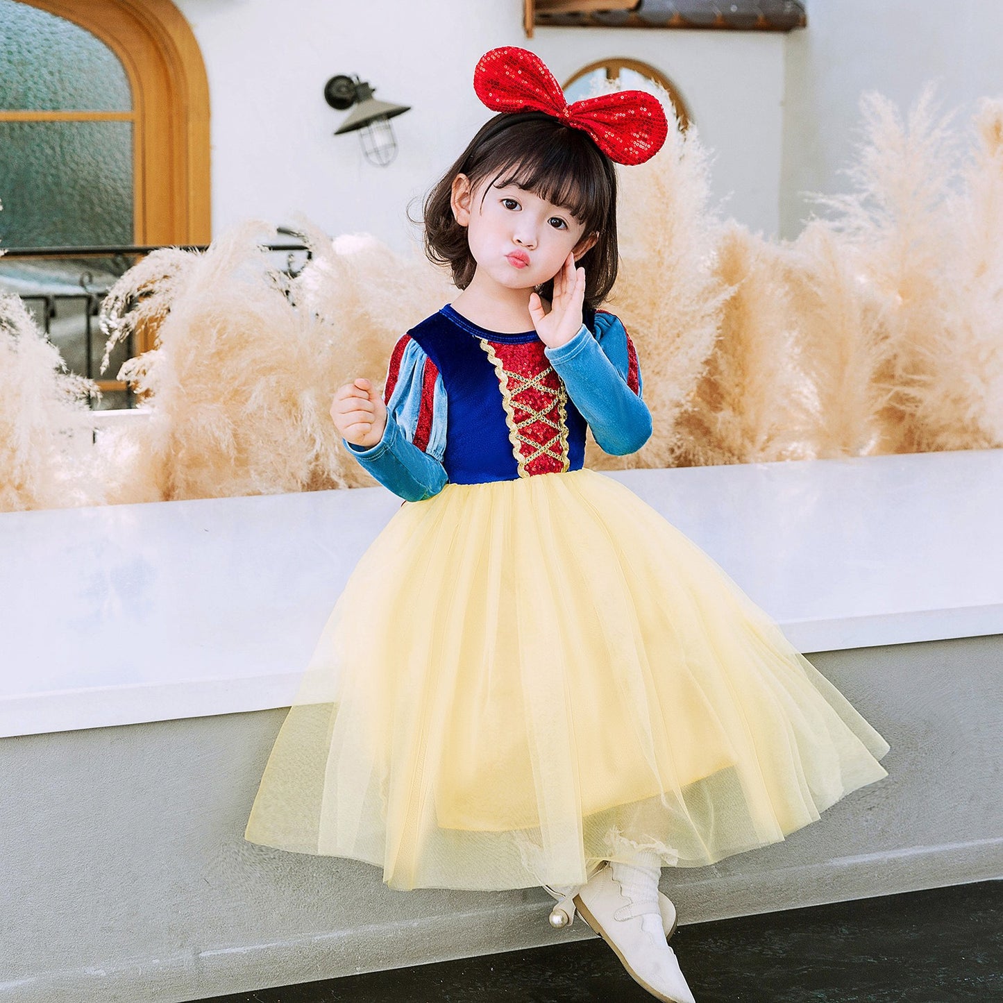 Kids Snow White Cosplay Costume Girls Princess Birthday Party Dress (long sleeves)