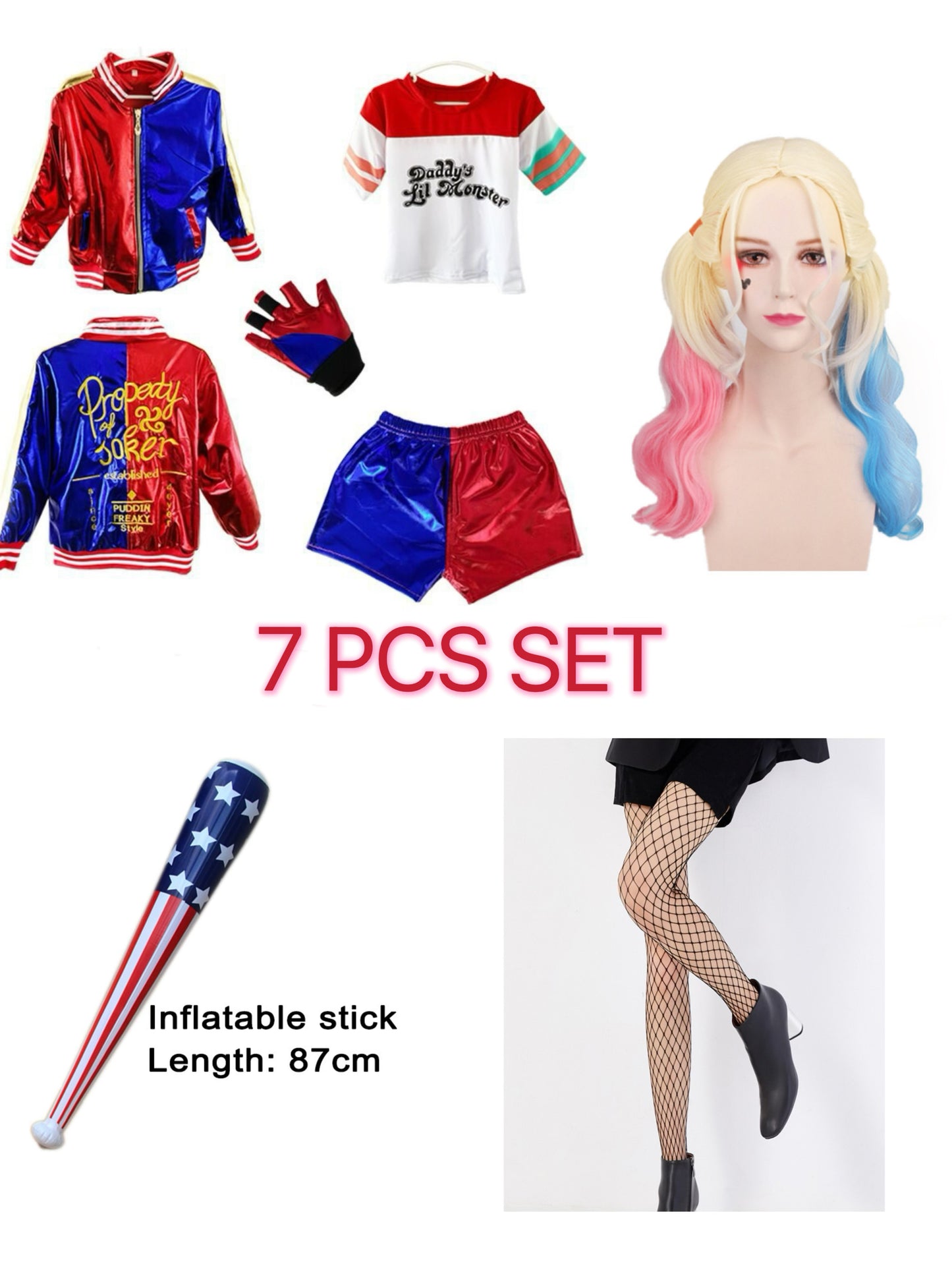 Harley Quinn Suicide Squad Costume Cosplay 7PCS Set With Wig